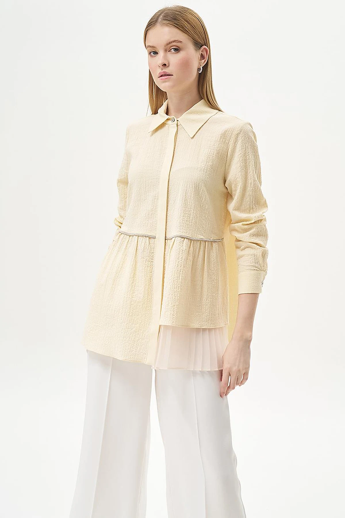 Stone-Detailed Waffle Blouse in Light Yellow