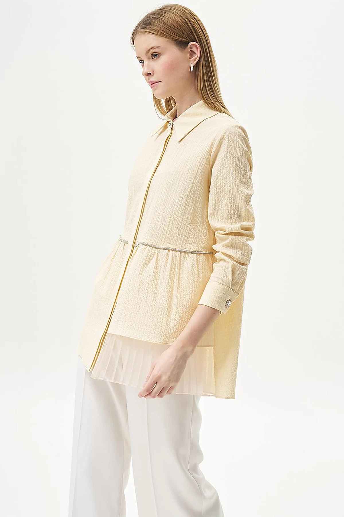 Stone-Detailed Waffle Blouse in Light Yellow