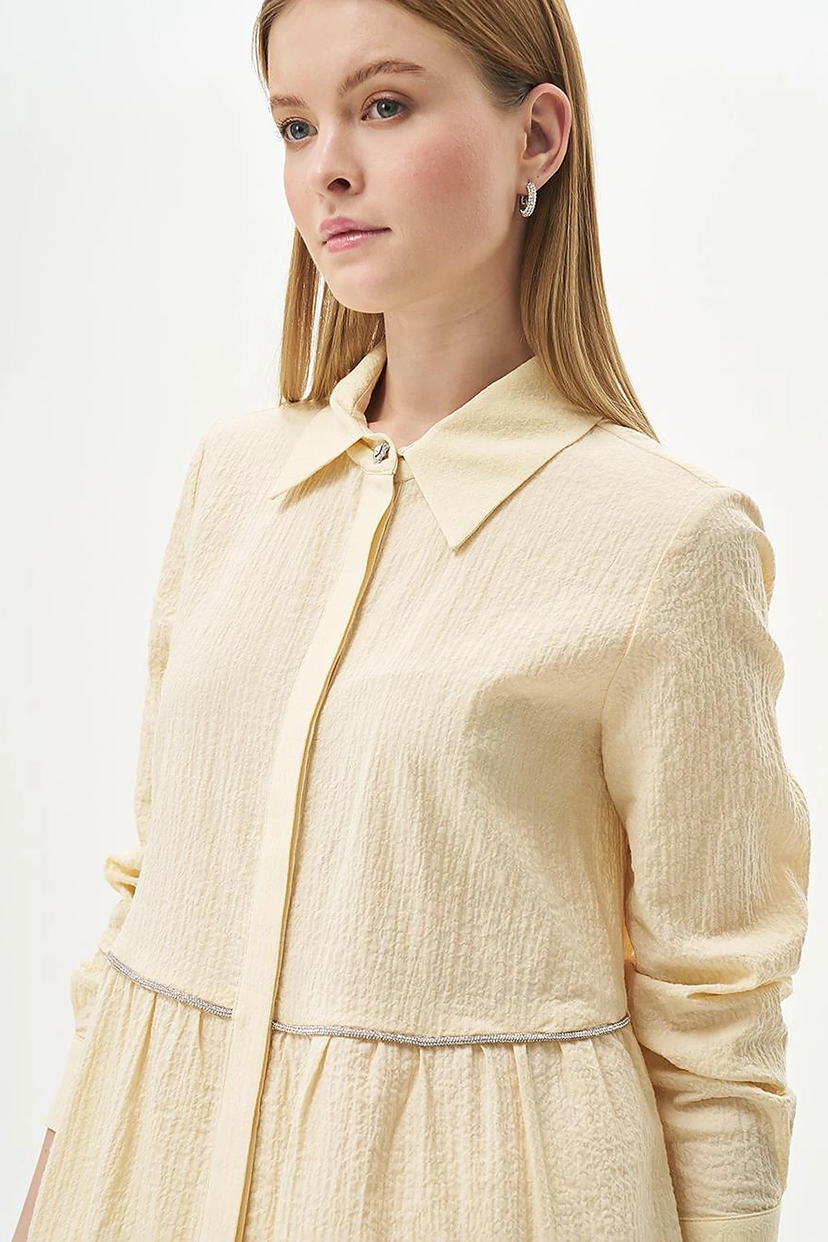 Stone-Detailed Waffle Blouse in Light Yellow