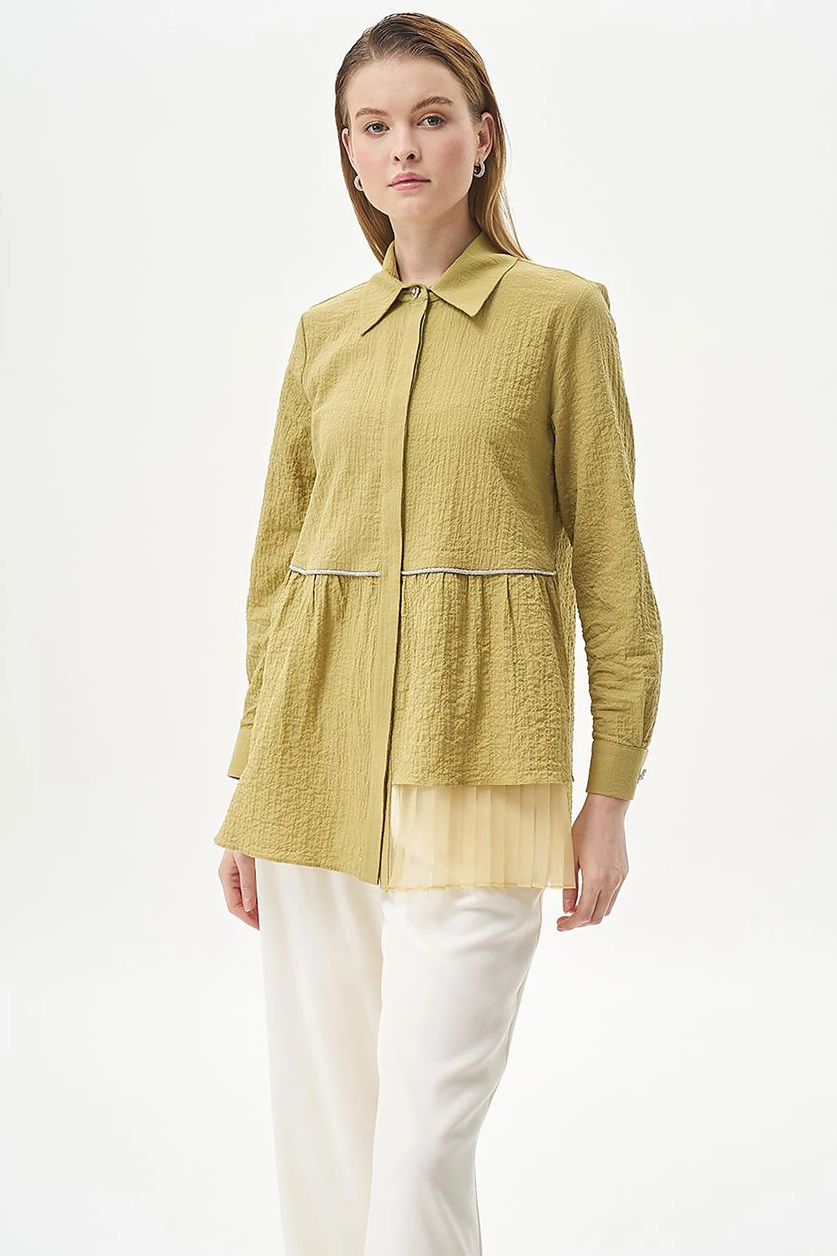 Stone-Detailed Waffle Blouse in Khaki 