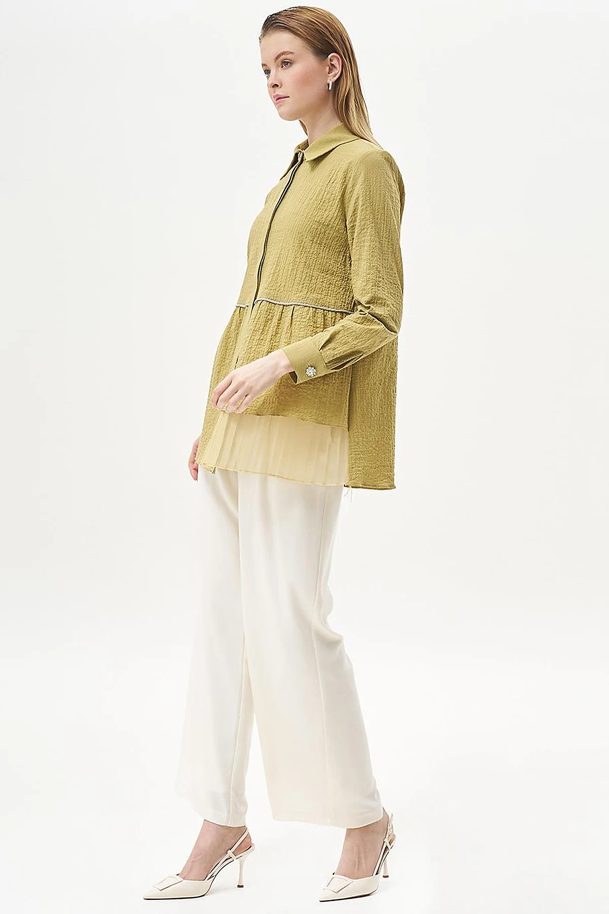 Stone-Detailed Waffle Blouse in Khaki 