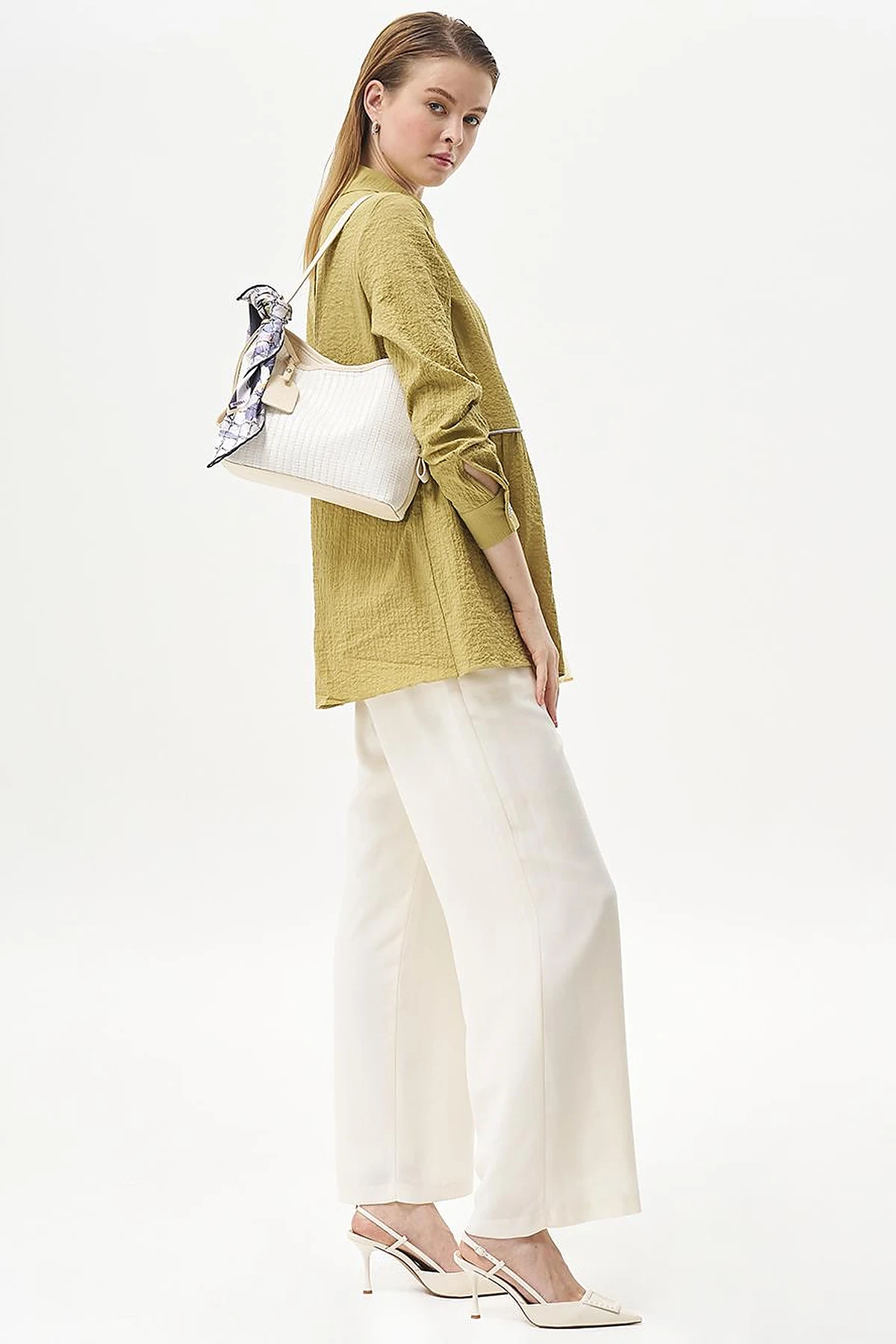 Stone-Detailed Waffle Blouse in Khaki 