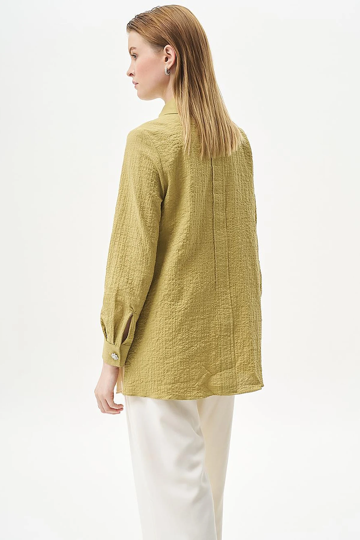 Stone-Detailed Waffle Blouse in Khaki 