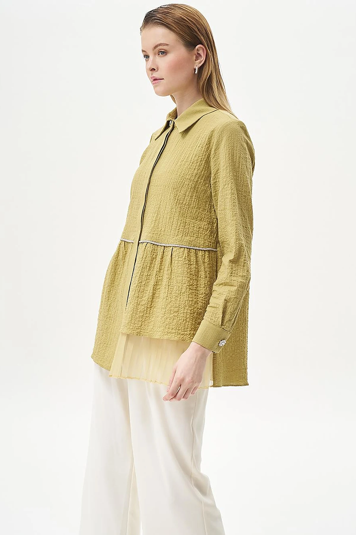 Stone-Detailed Waffle Blouse in Khaki 