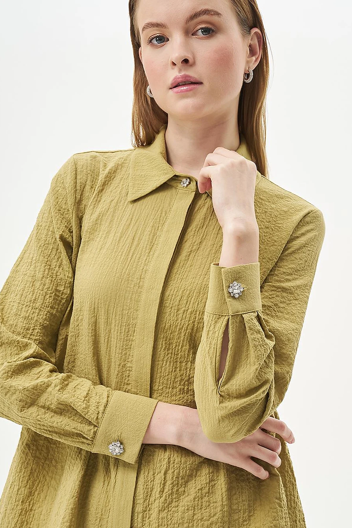 Stone-Detailed Waffle Blouse in Khaki 