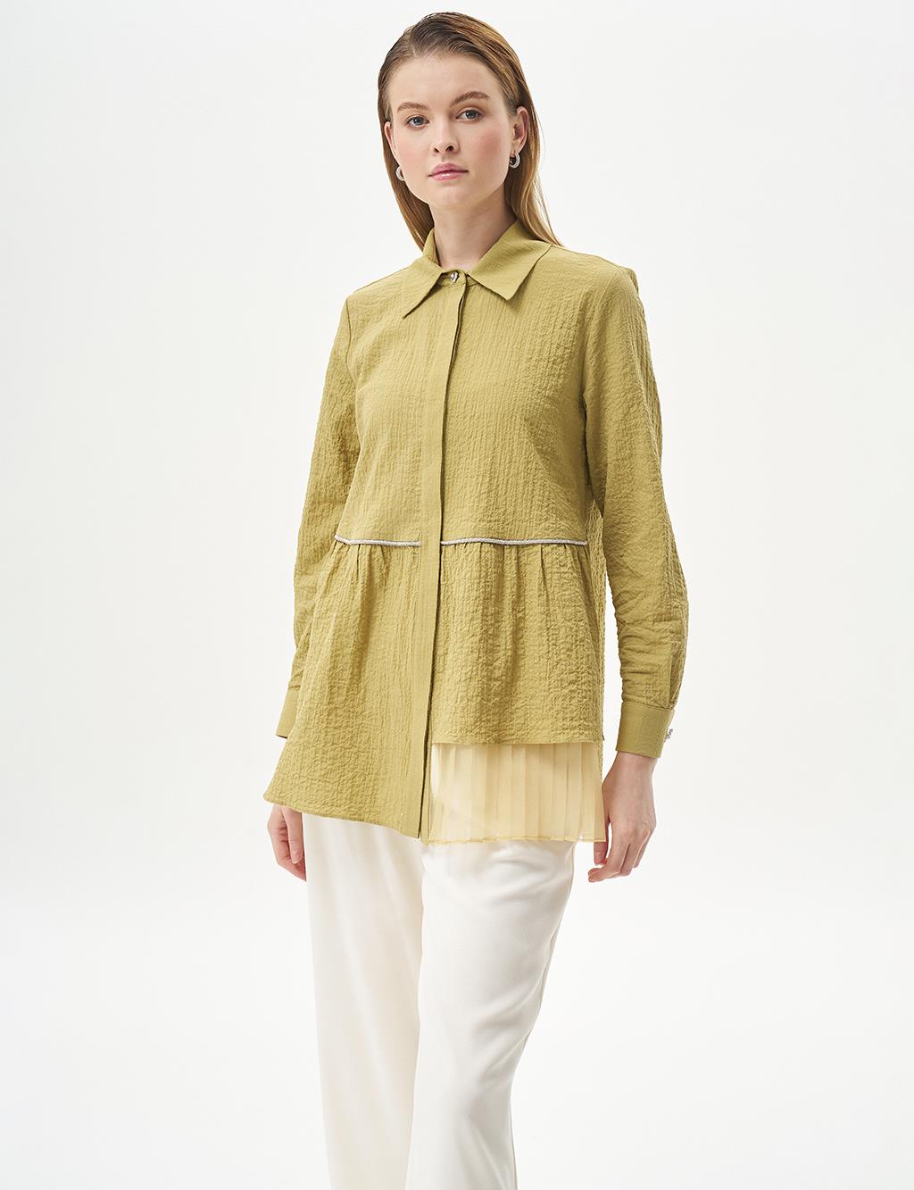 Stone-Detailed Waffle Blouse in Khaki 