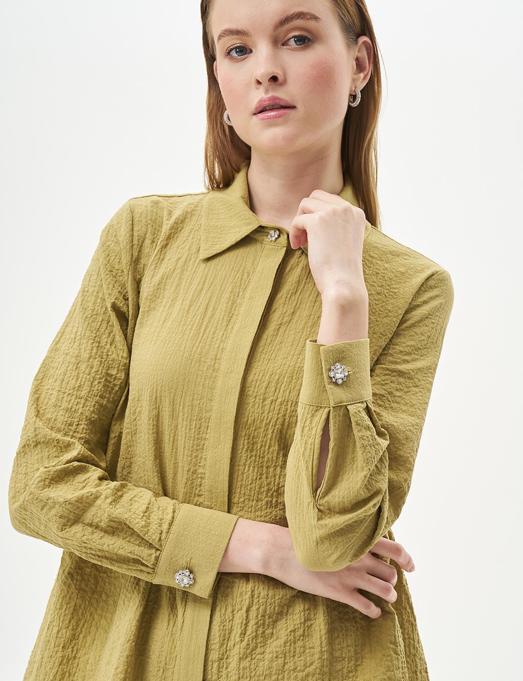 Stone-Detailed Waffle Blouse in Khaki 