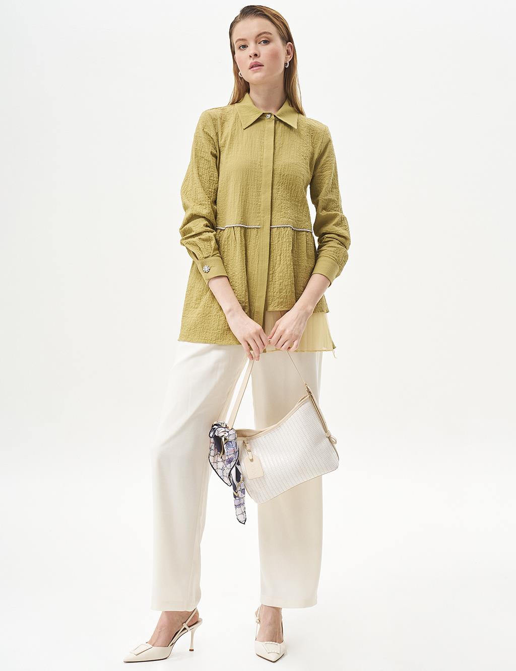 Stone-Detailed Waffle Blouse in Khaki 