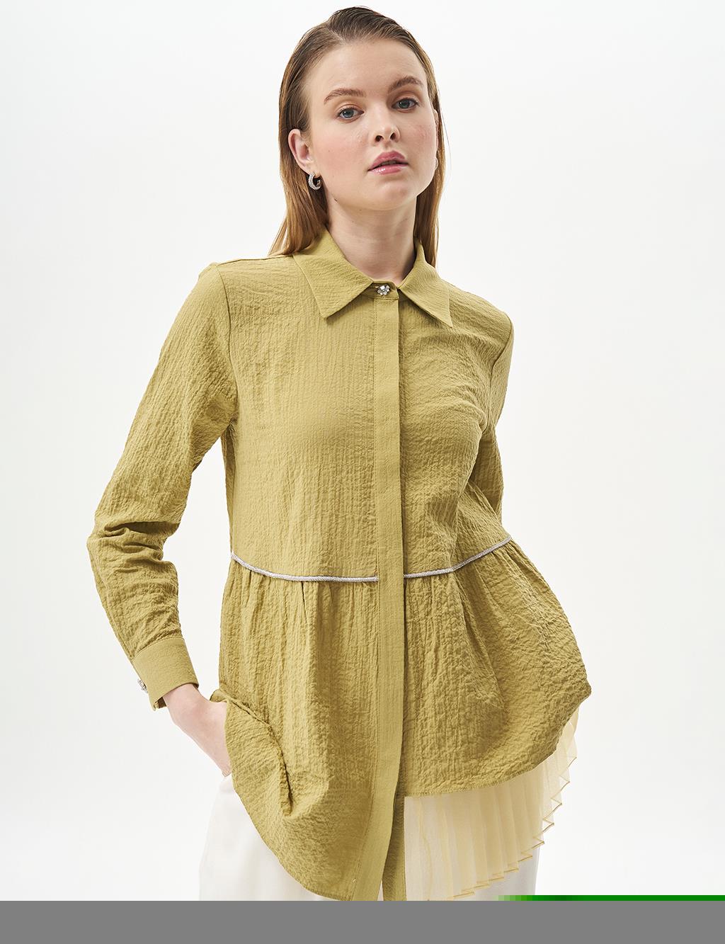 Stone-Detailed Waffle Blouse in Khaki 