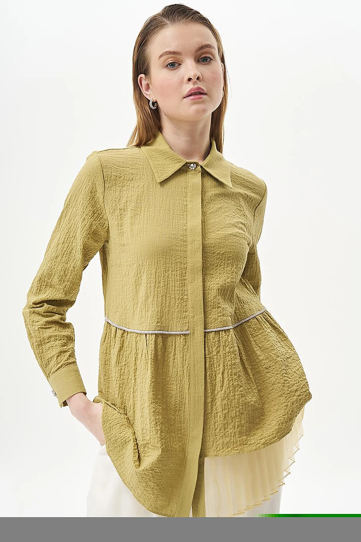 Stone-Detailed Waffle Blouse in Khaki 