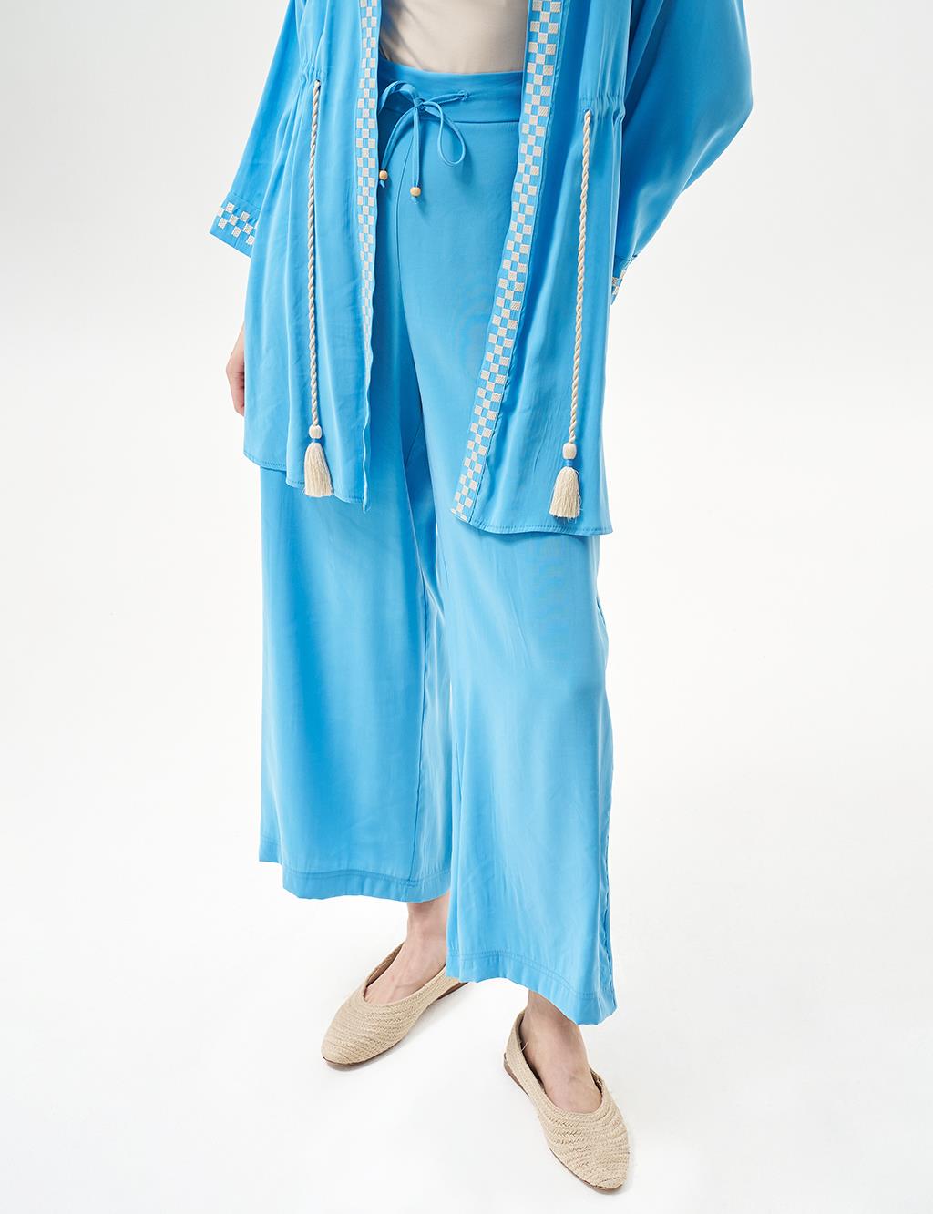 Checkerboard Patterned Waist Gathered Double Suit Sky Blue