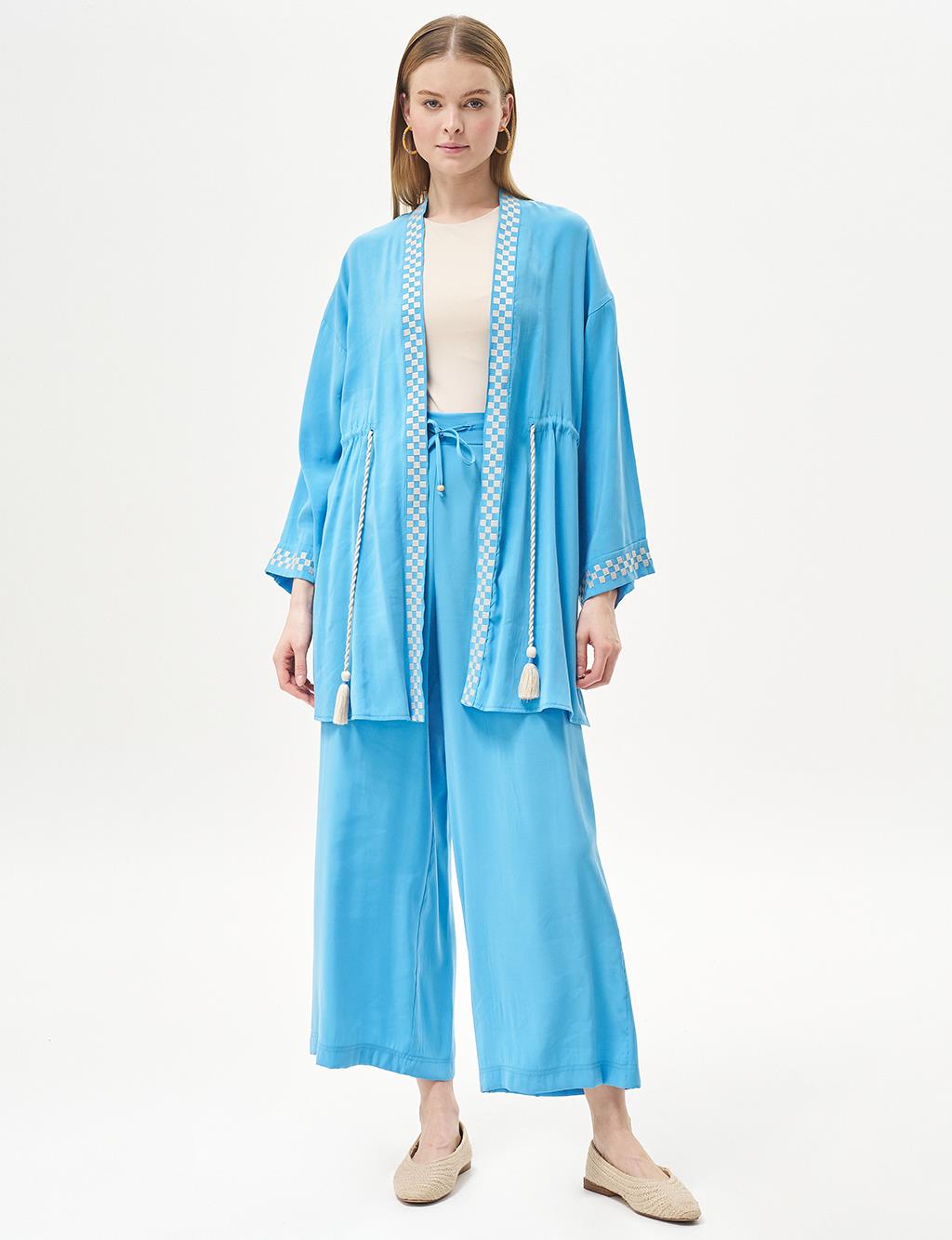 Checkerboard Patterned Waist Gathered Double Suit Sky Blue