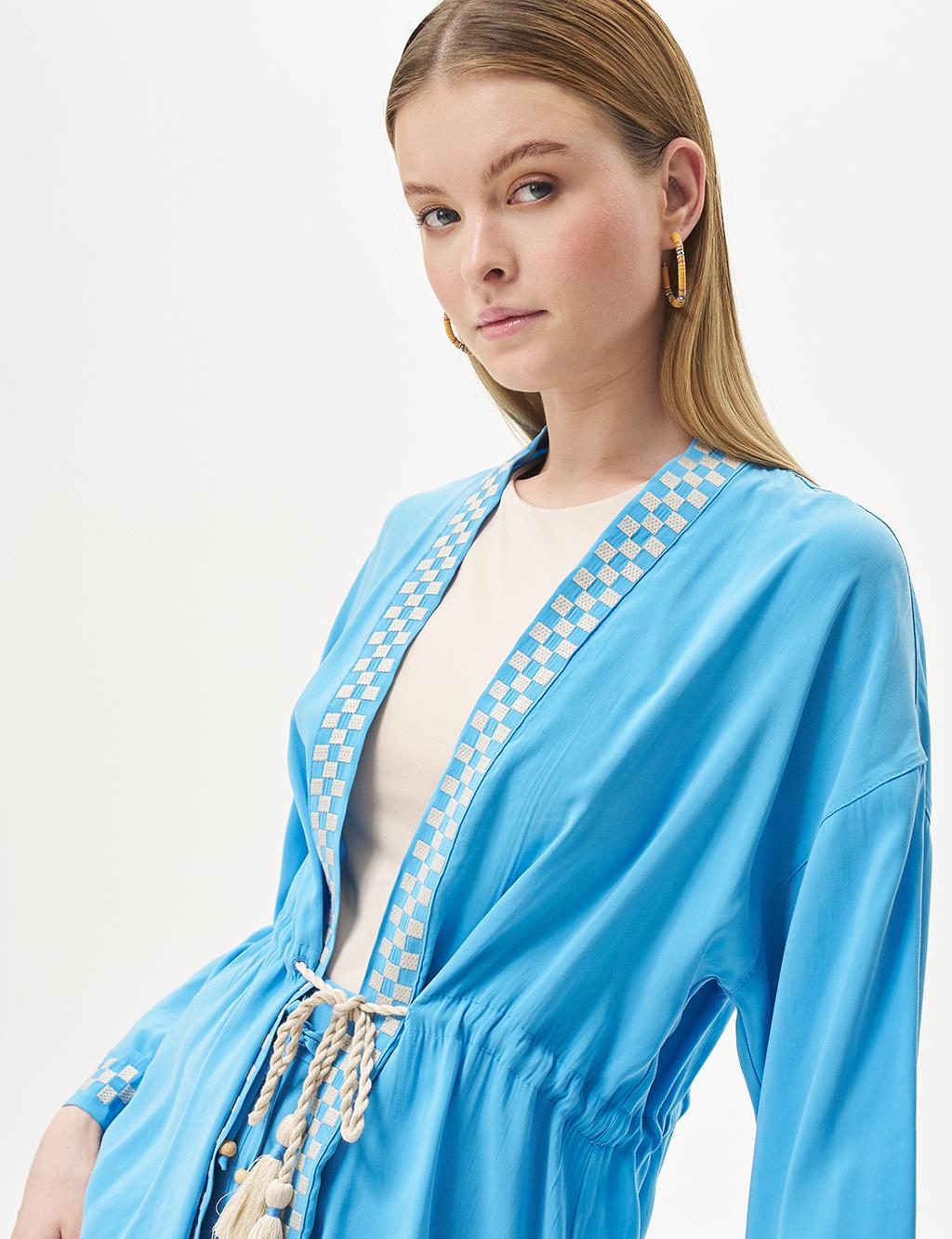 Checkerboard Patterned Waist Gathered Double Suit Sky Blue