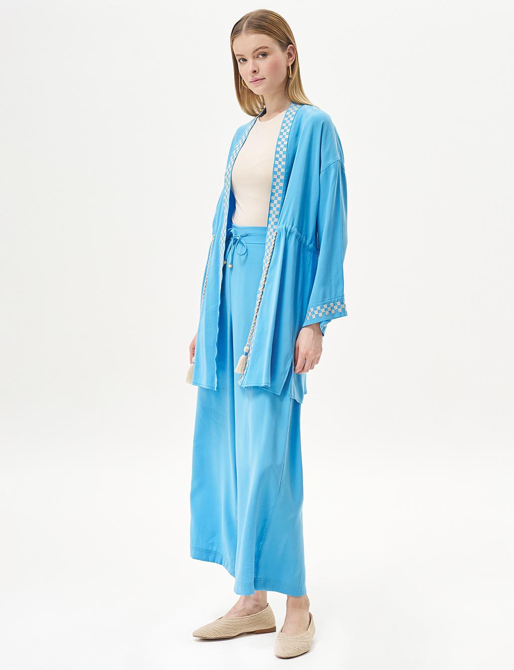 Checkerboard Patterned Waist Gathered Double Suit Sky Blue