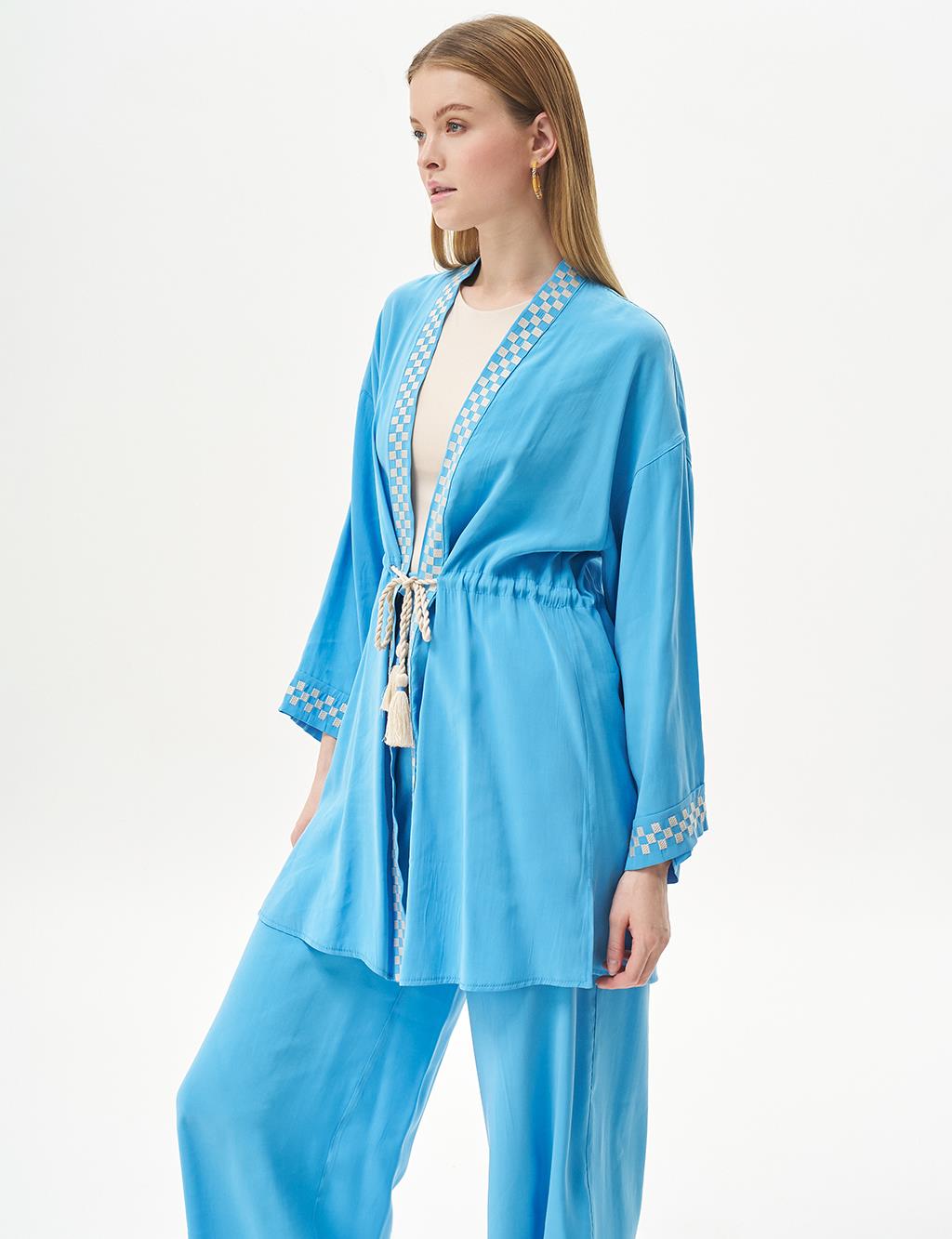 Checkerboard Patterned Waist Gathered Double Suit Sky Blue