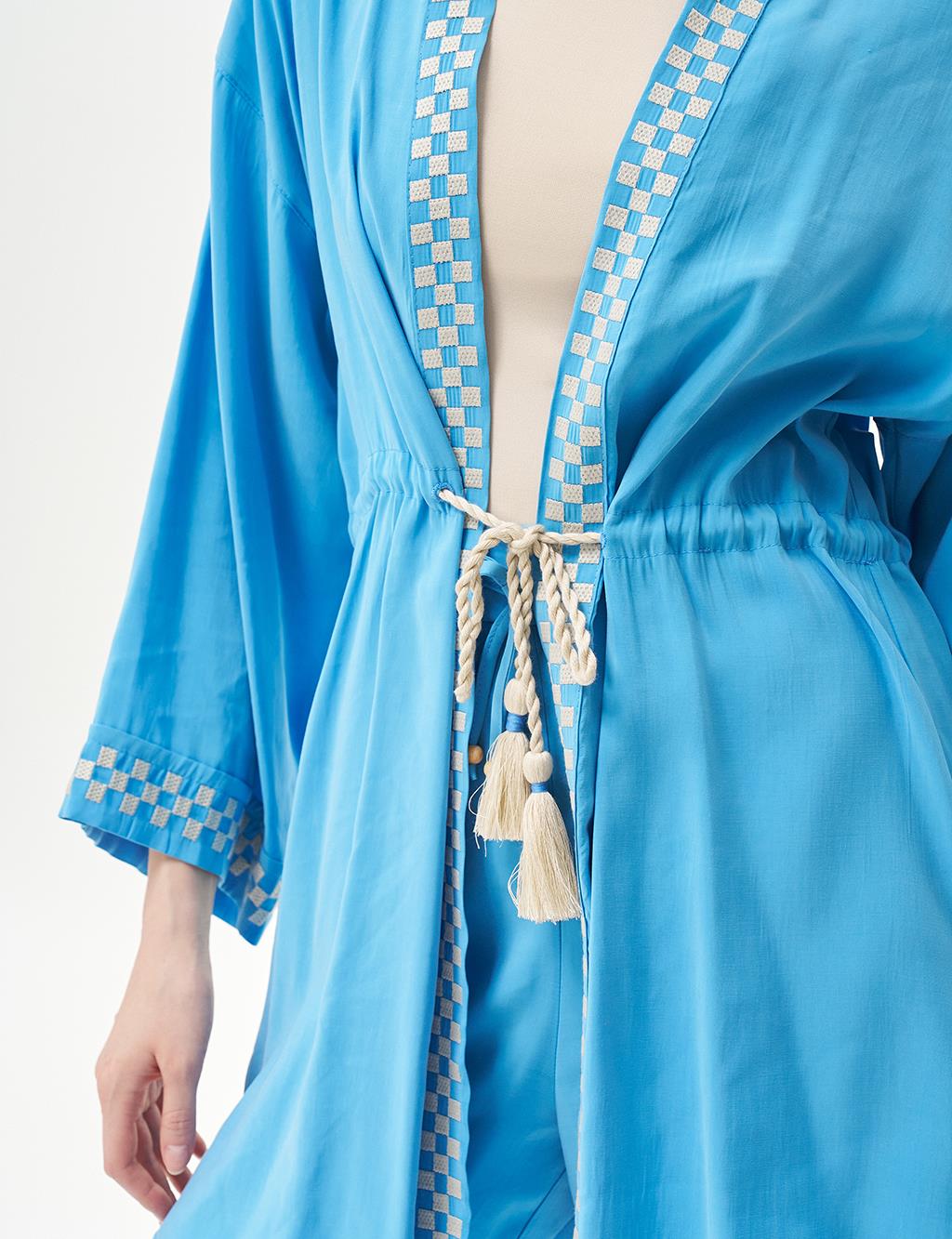 Checkerboard Patterned Waist Gathered Double Suit Sky Blue