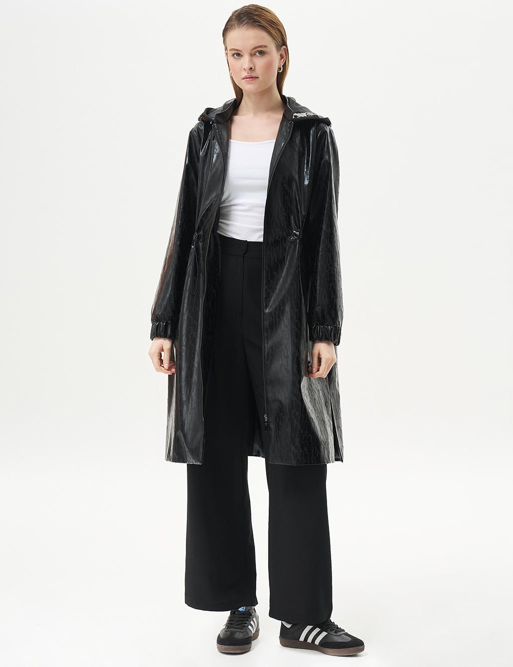Sequin Embellished Animal Print Short Trench Coat Black