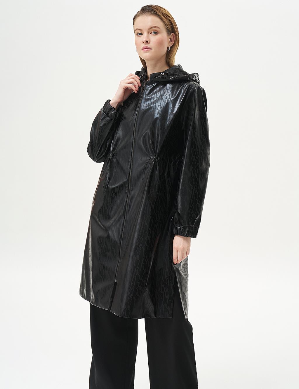 Sequin Embellished Animal Print Short Trench Coat Black