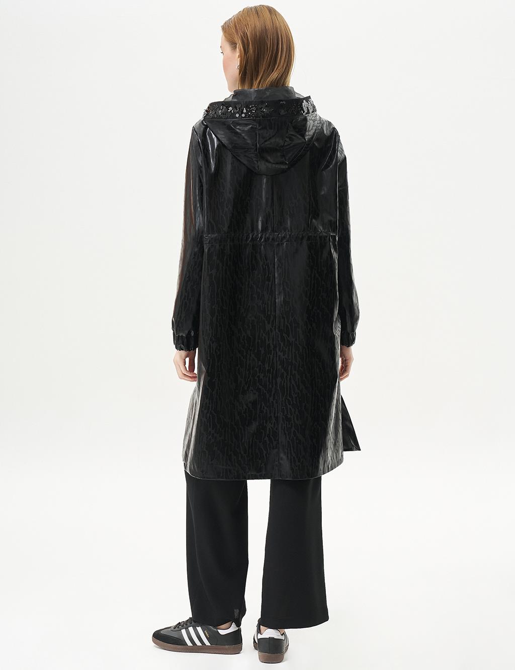 Sequin Embellished Animal Print Short Trench Coat Black