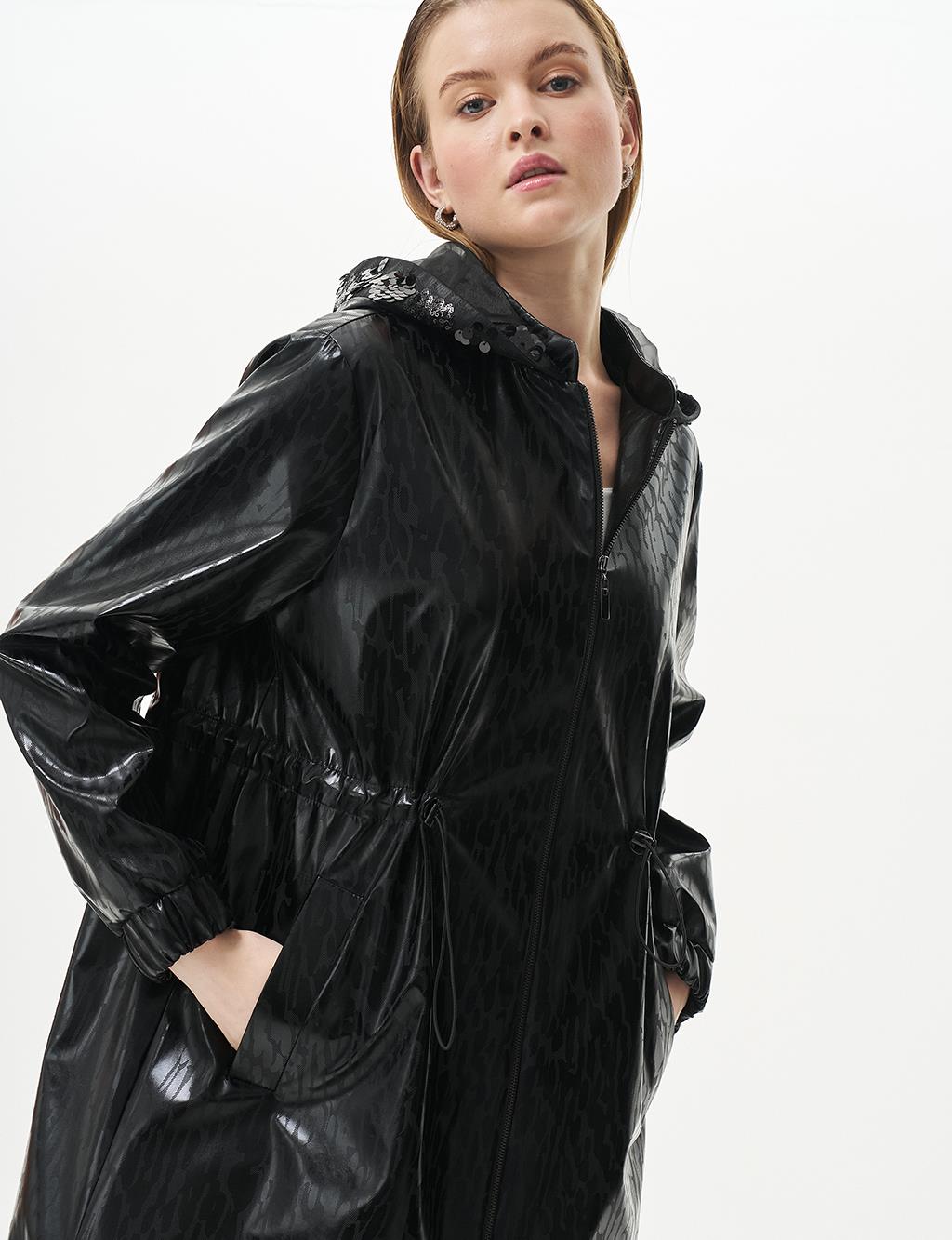 Sequin Embellished Animal Print Short Trench Coat Black