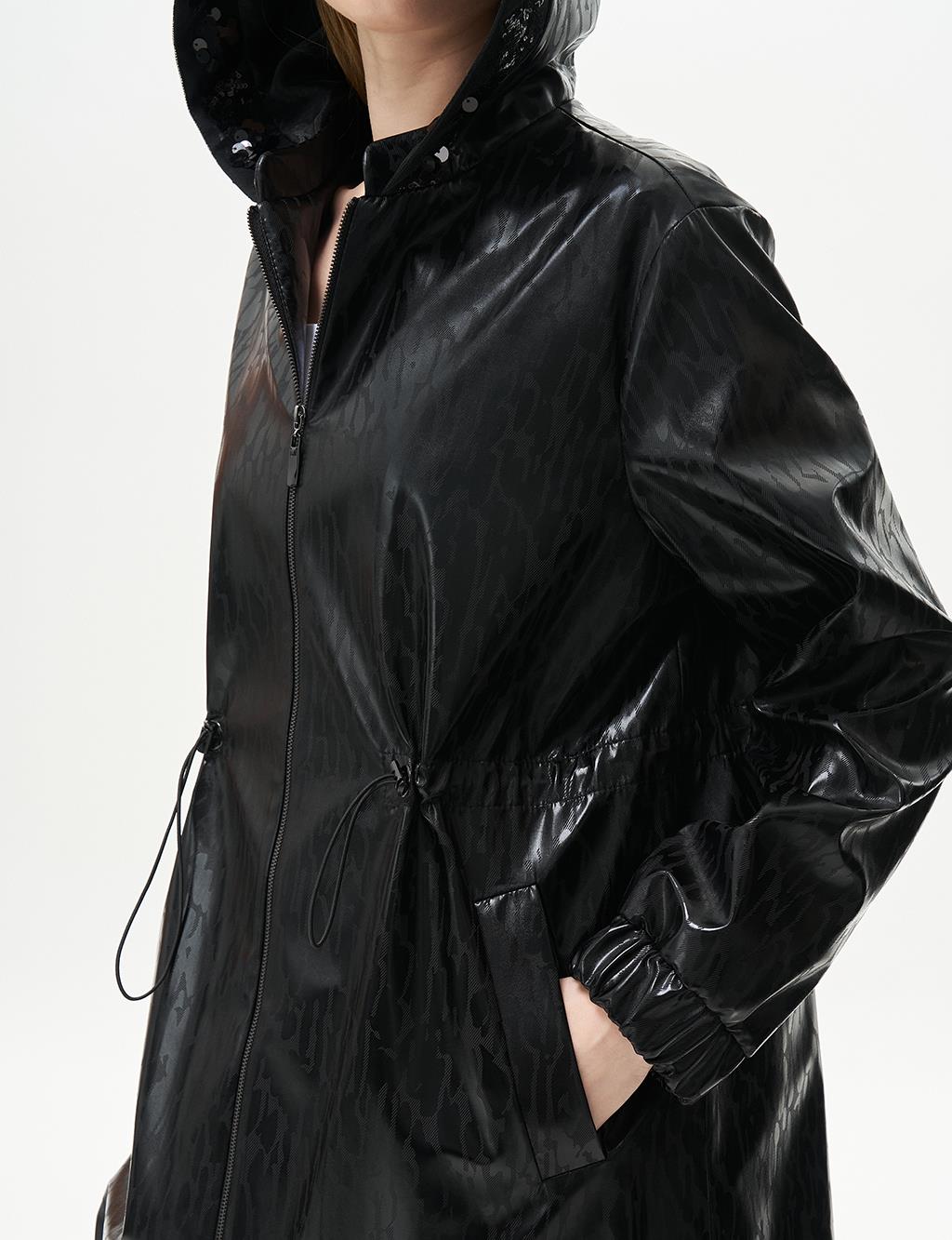 Sequin Embellished Animal Print Short Trench Coat Black