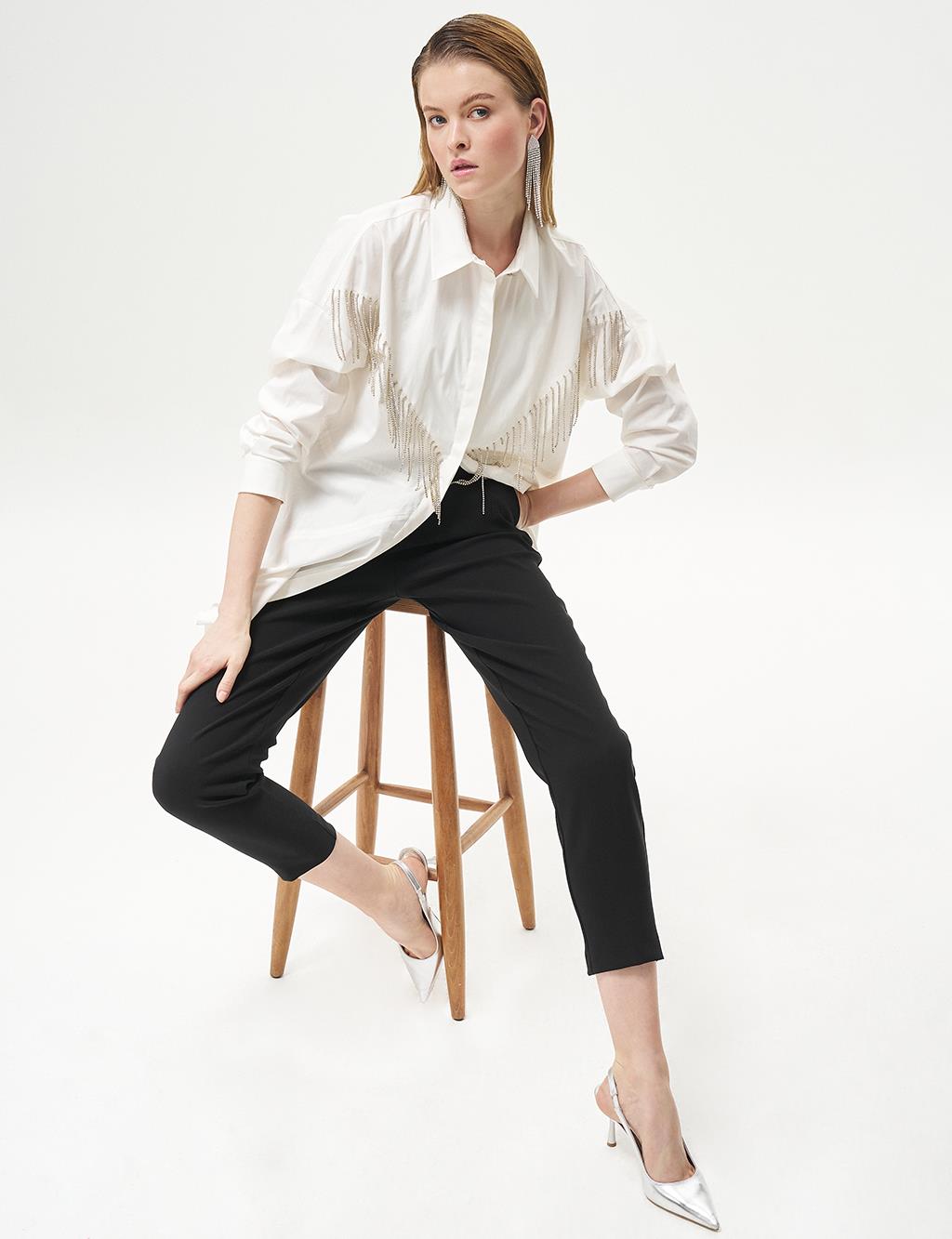 Stone-Embellished Shirt Collar Poplin Tunic in Ecru