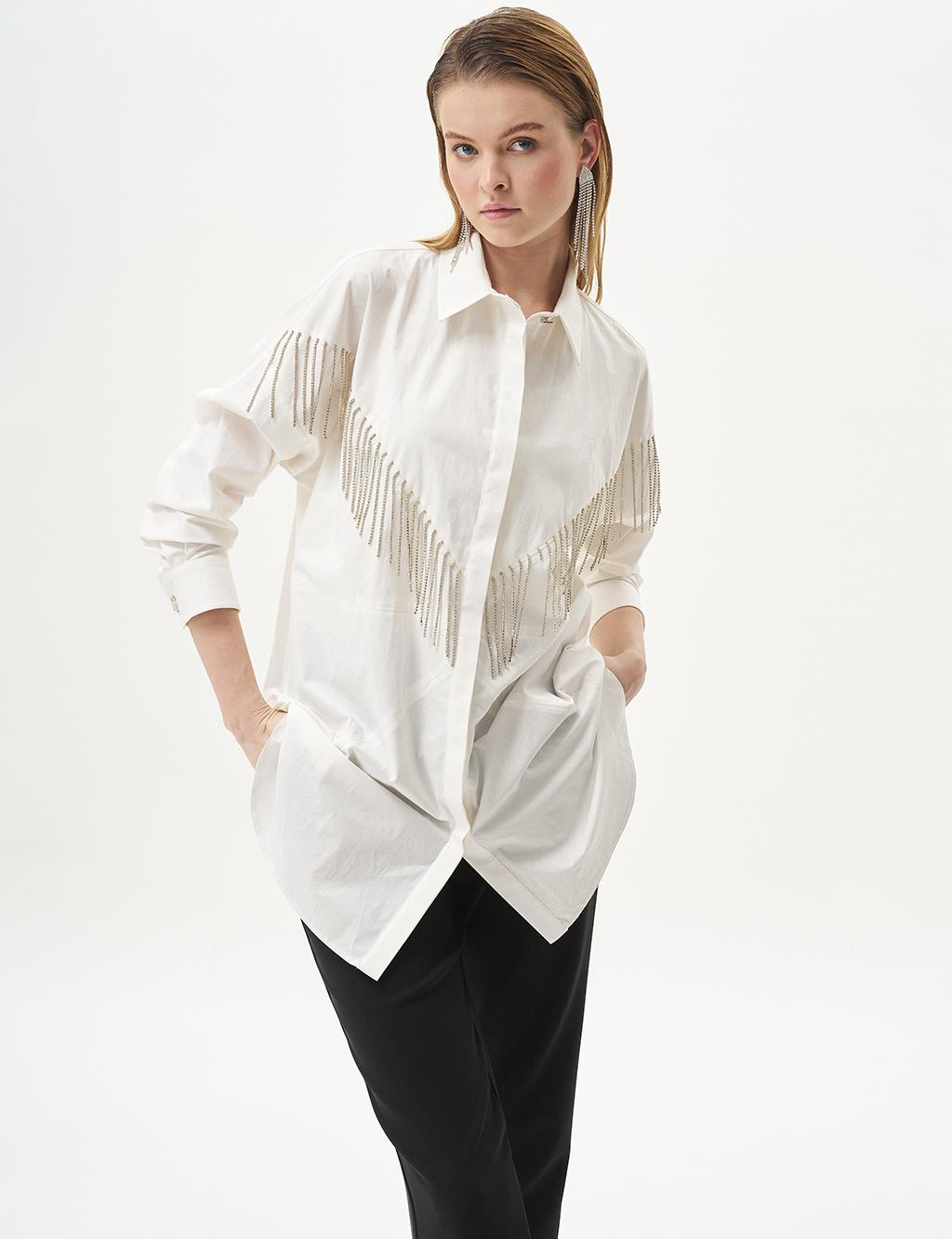 Stone-Embellished Shirt Collar Poplin Tunic in Ecru