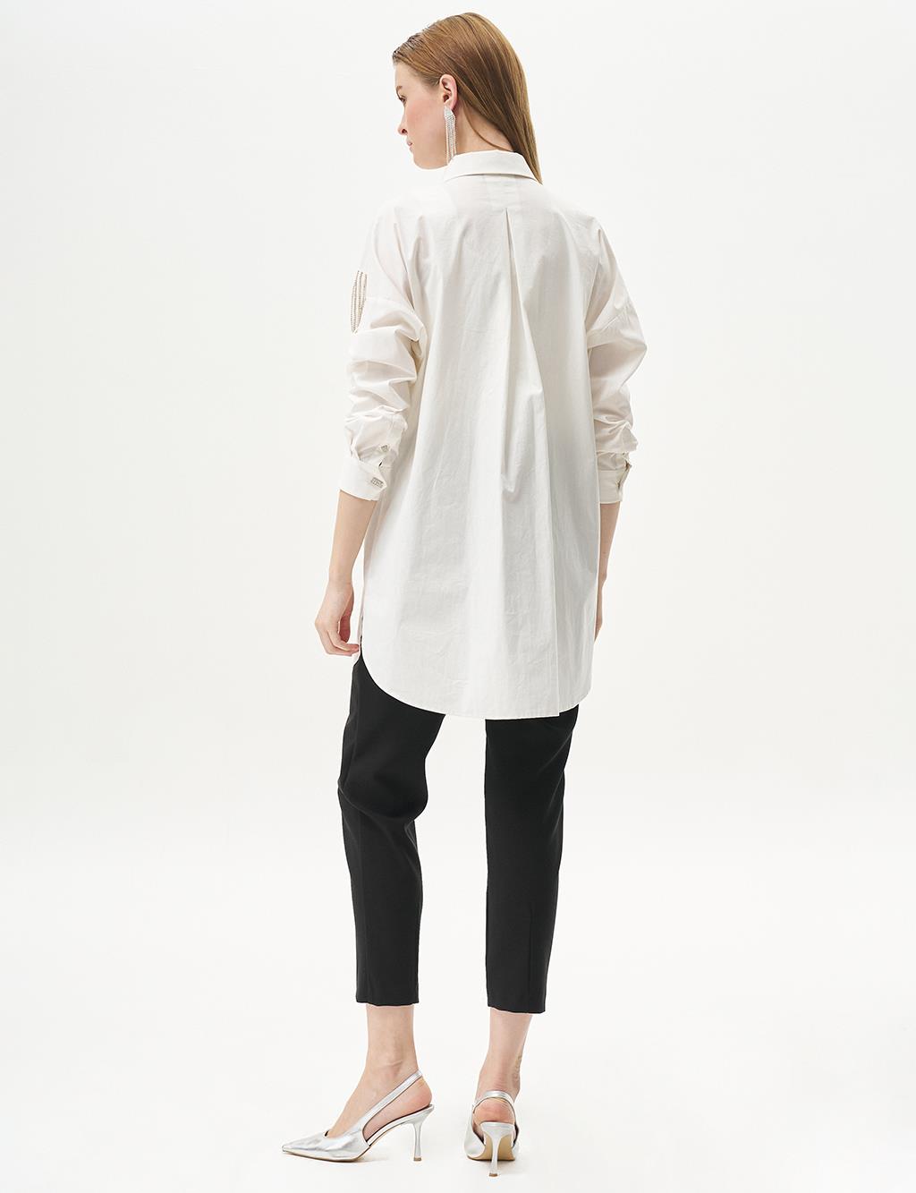Stone-Embellished Shirt Collar Poplin Tunic in Ecru
