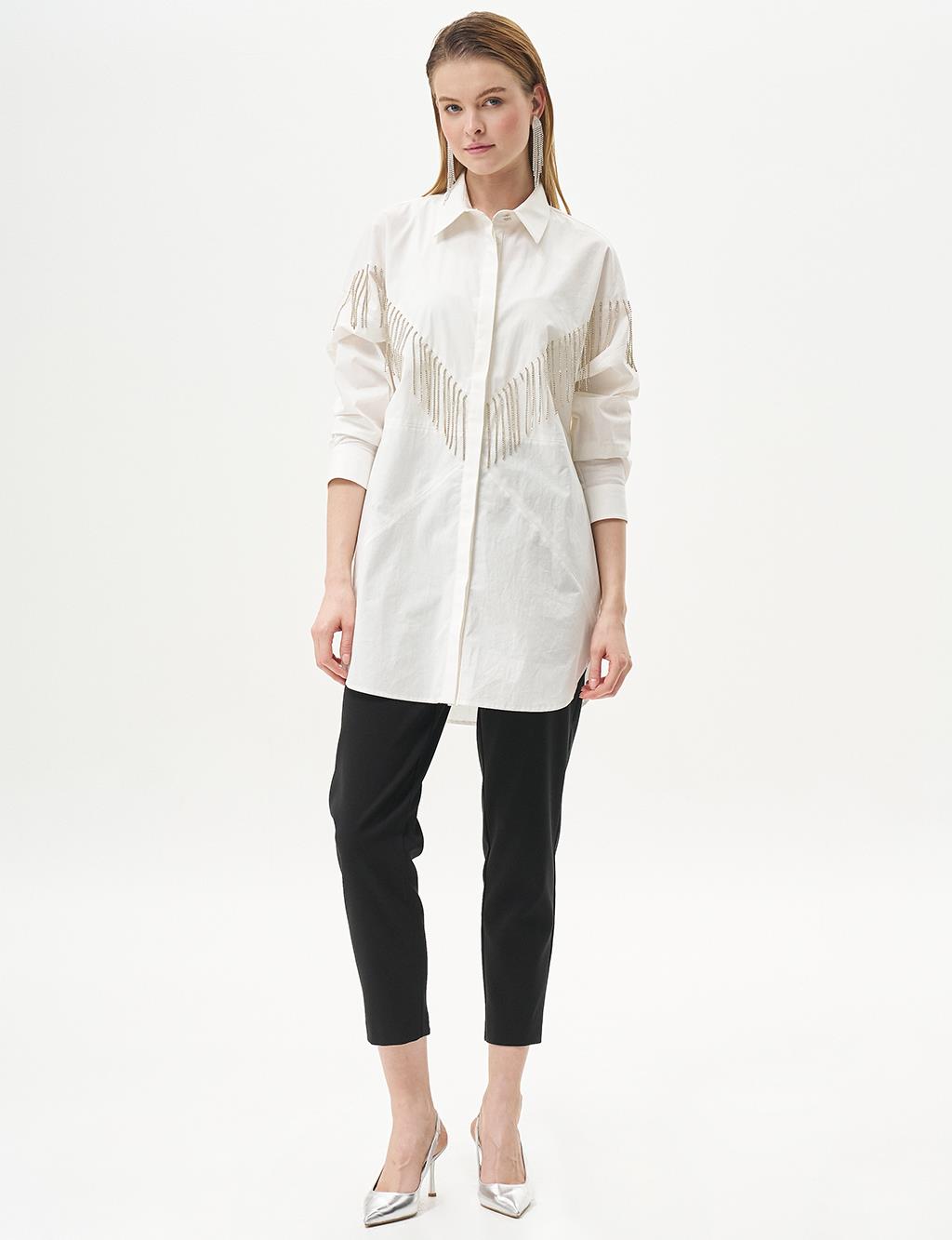 Stone-Embellished Shirt Collar Poplin Tunic in Ecru
