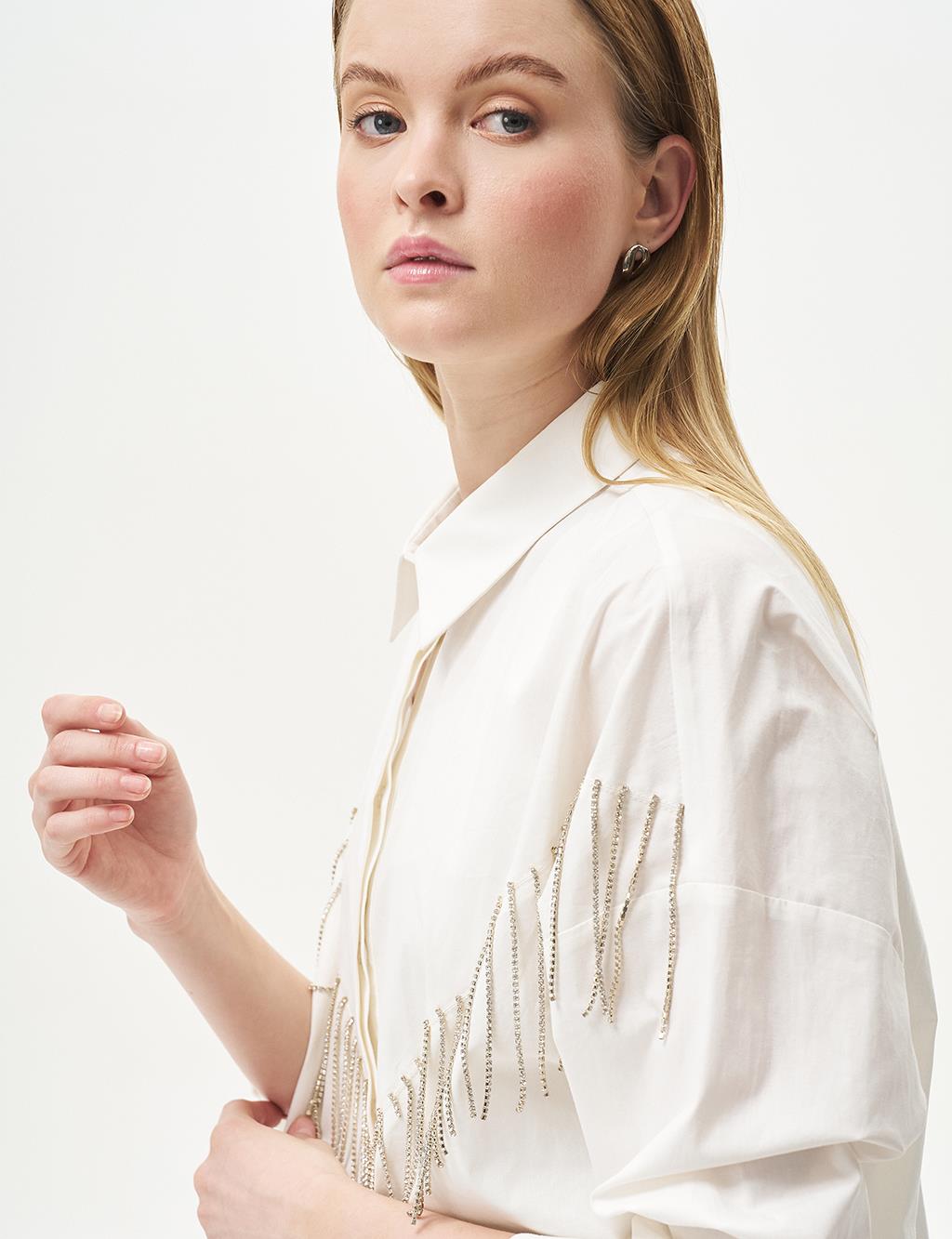 Stone-Embellished Shirt Collar Poplin Tunic in Ecru