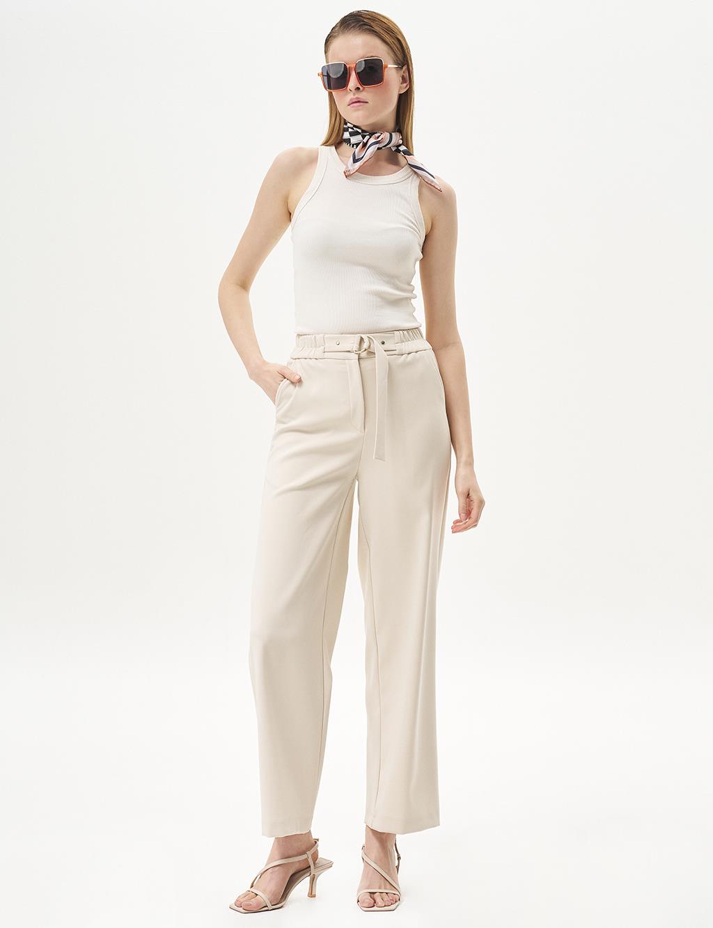 Adjustable Waist Wide Leg Trousers Cream