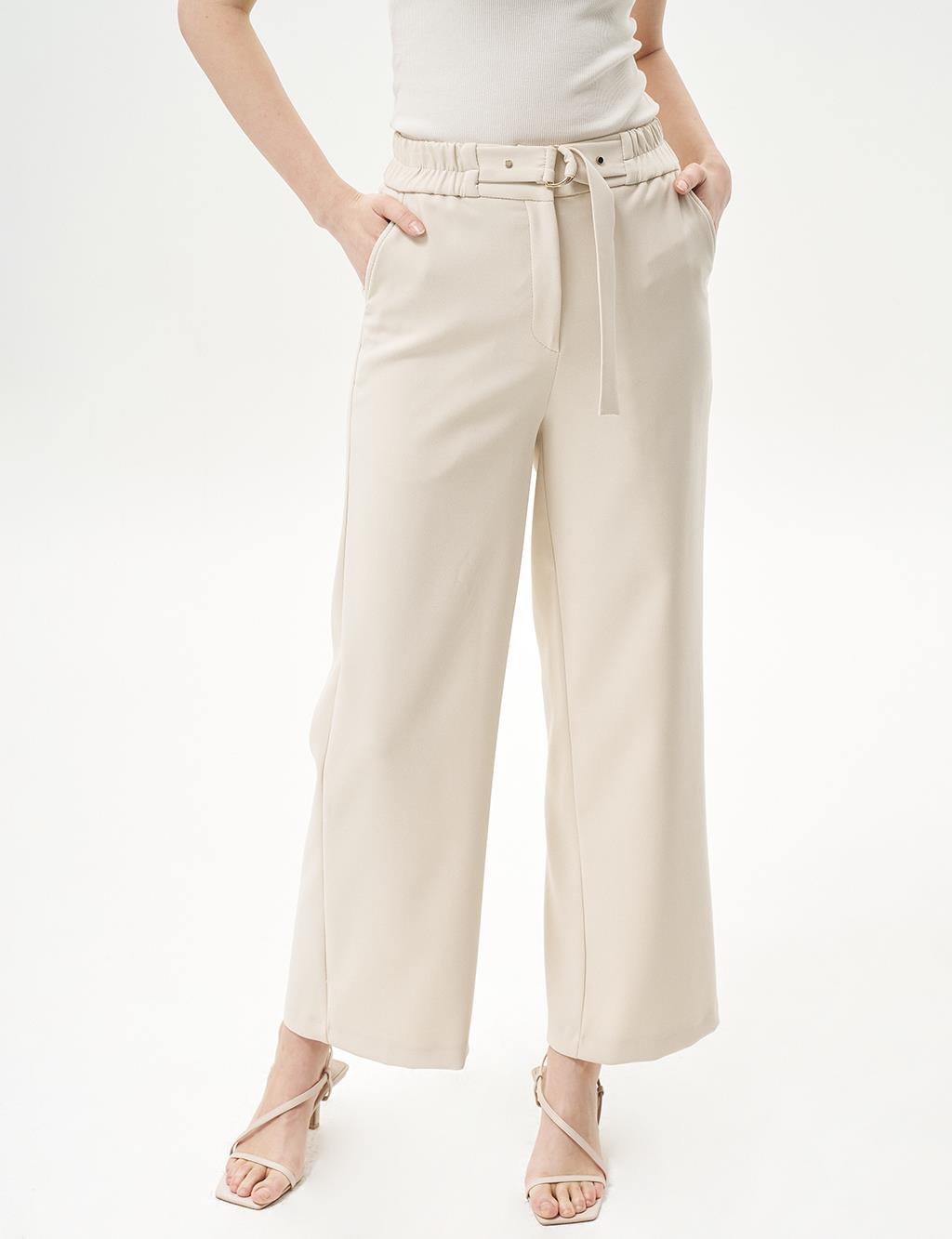 Adjustable Waist Wide Leg Trousers Cream