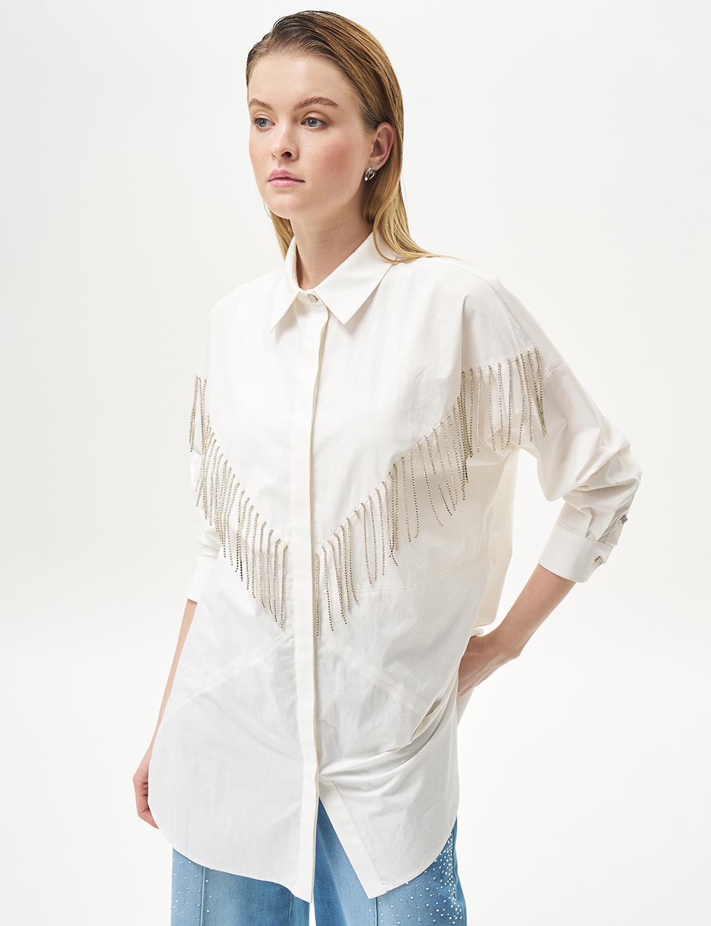 Stone-Embellished Shirt Collar Poplin Tunic in Ecru