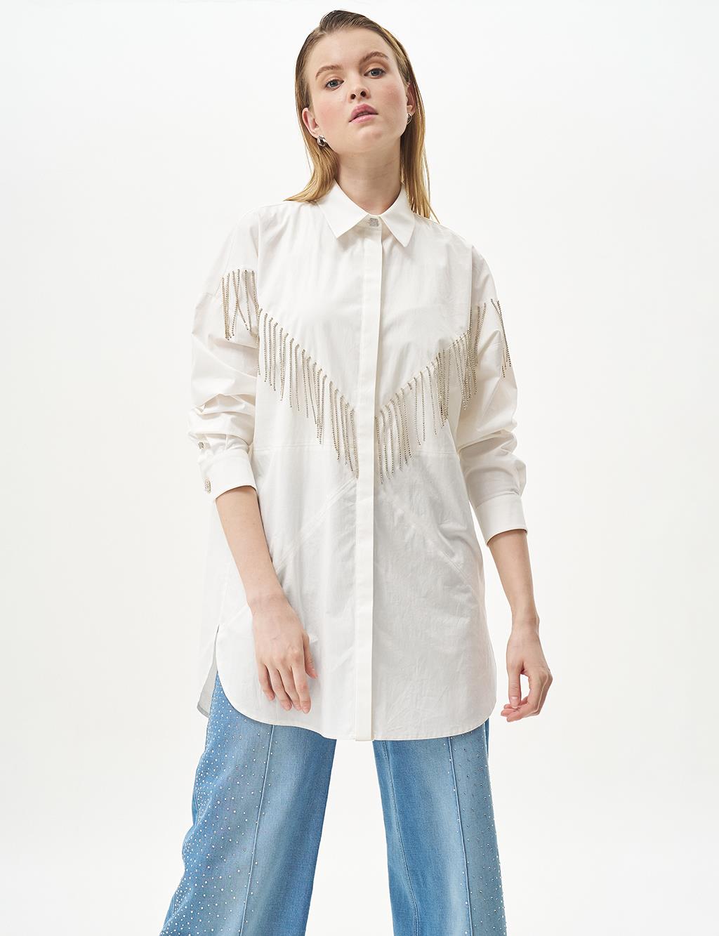 Stone-Embellished Shirt Collar Poplin Tunic in Ecru