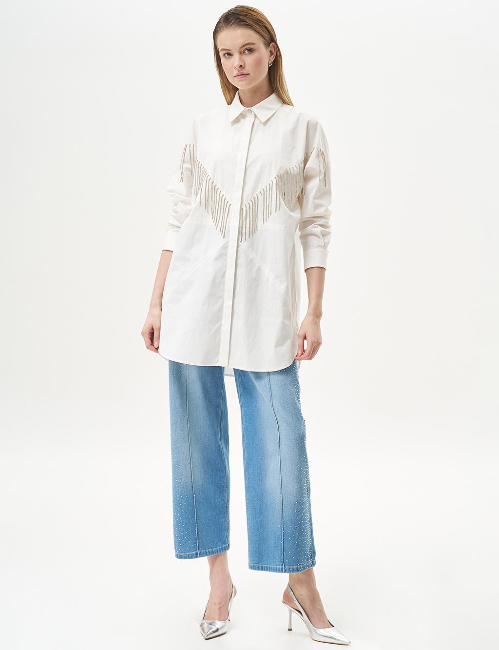 Stone-Embellished Shirt Collar Poplin Tunic in Ecru