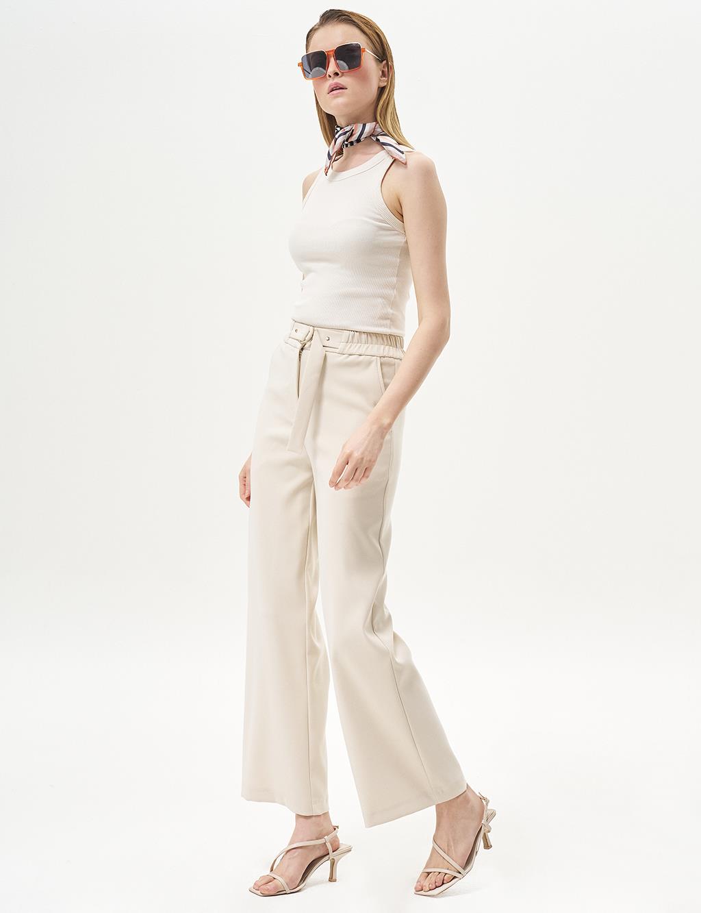 Adjustable Waist Wide Leg Trousers Cream