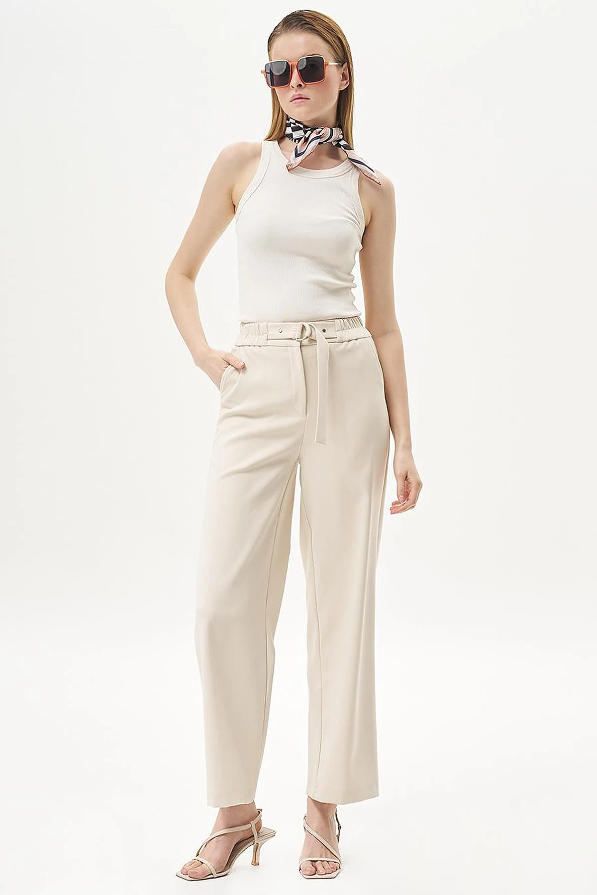 Adjustable Waist Wide Leg Trousers Cream
