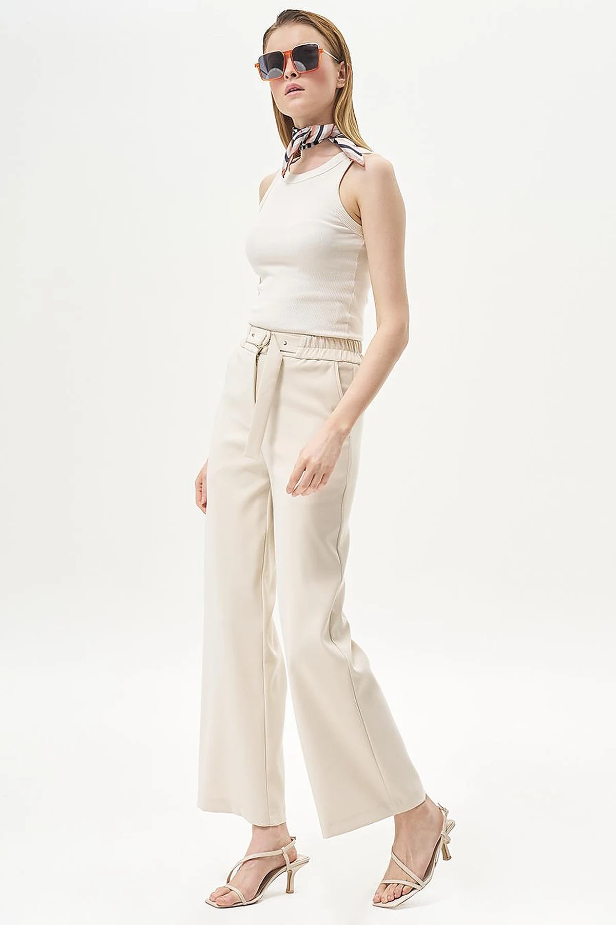 Adjustable Waist Wide Leg Trousers Cream
