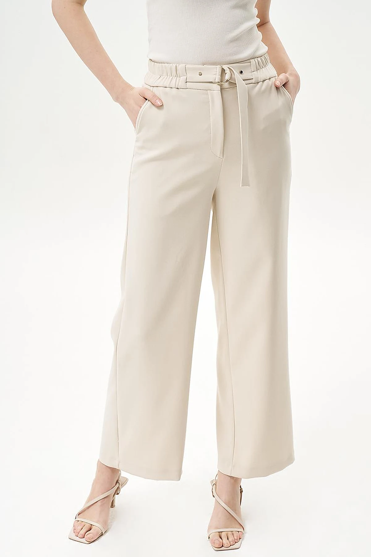Adjustable Waist Wide Leg Trousers Cream
