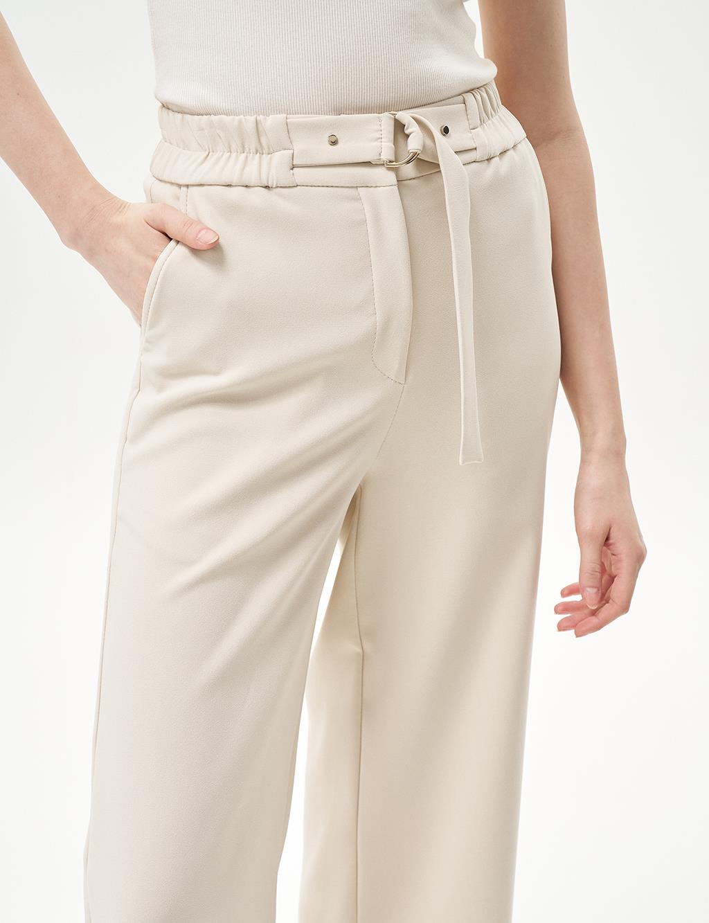 Adjustable Waist Wide Leg Trousers Cream