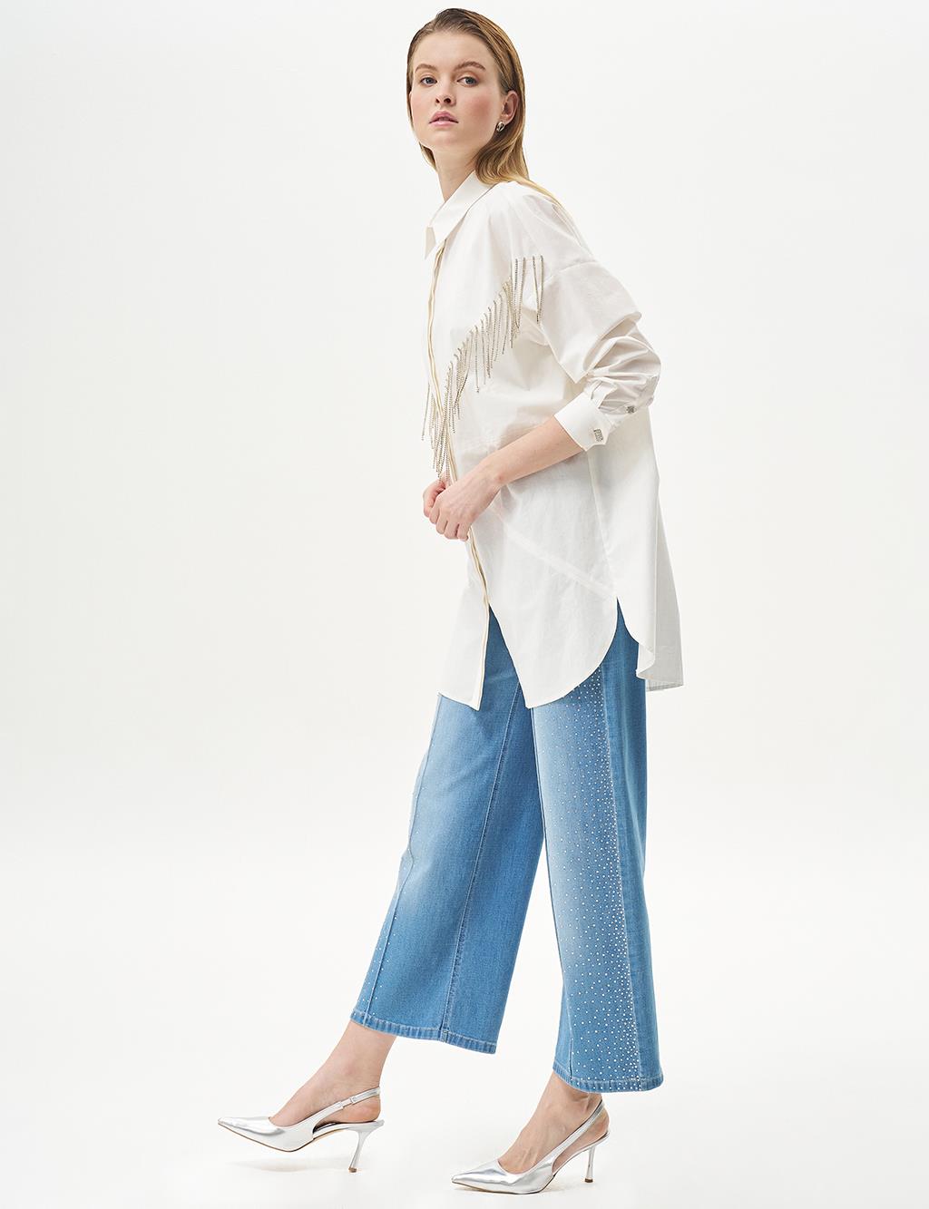 Stone-Embellished Shirt Collar Poplin Tunic in Ecru