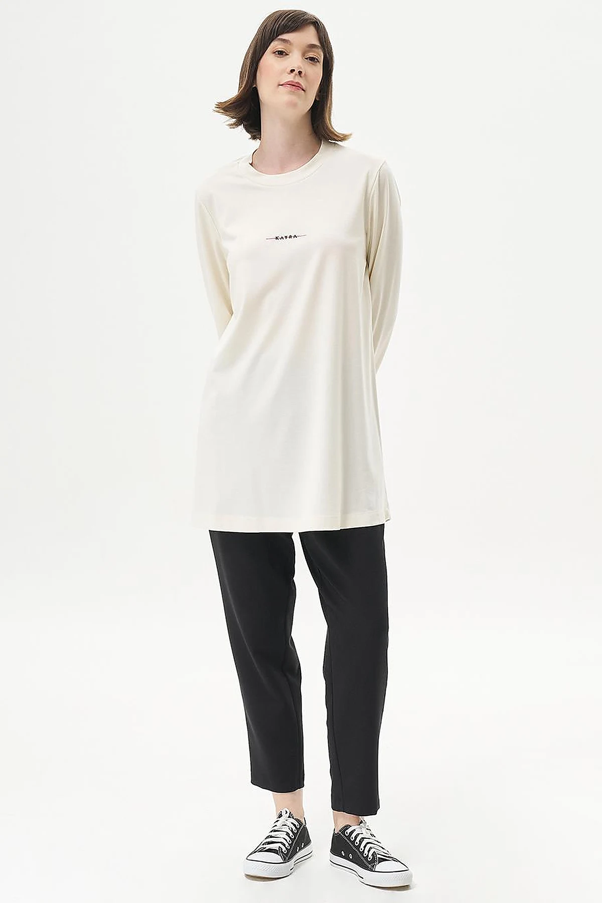 Logolu Örme Sweatshirt Ekru