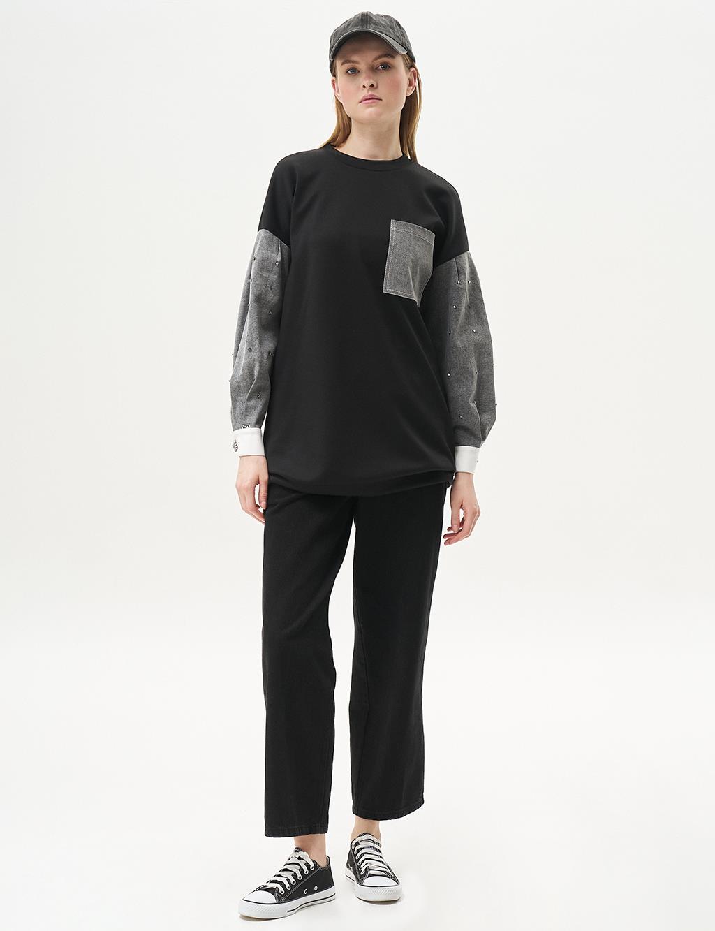 Punto Dikişli Garnili Sweatshirt Siyah