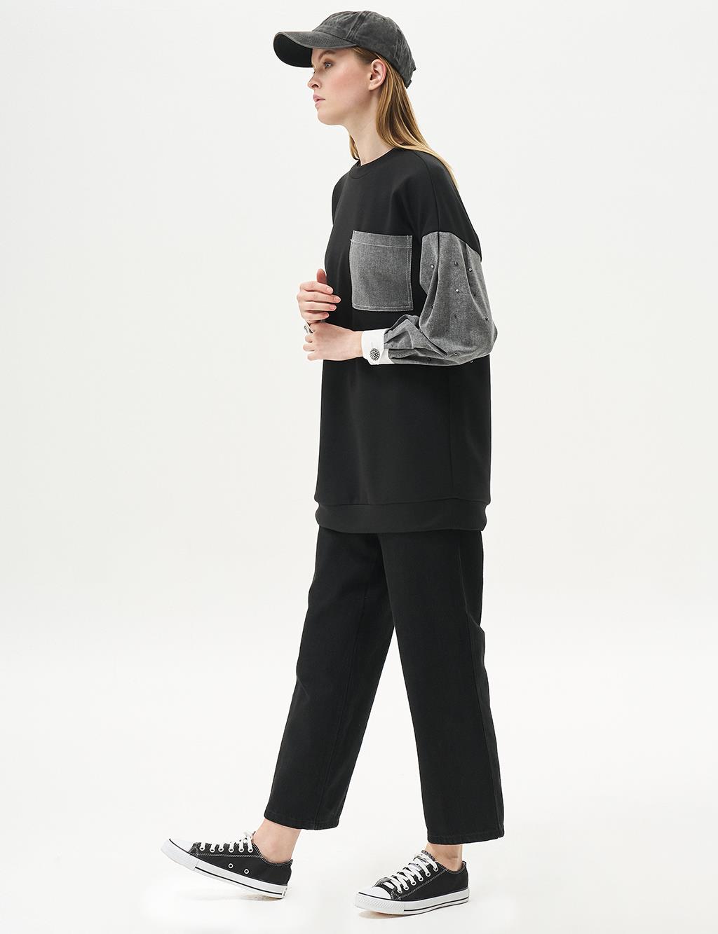 Punto Dikişli Garnili Sweatshirt Siyah