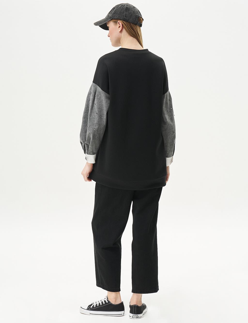 Punto Dikişli Garnili Sweatshirt Siyah
