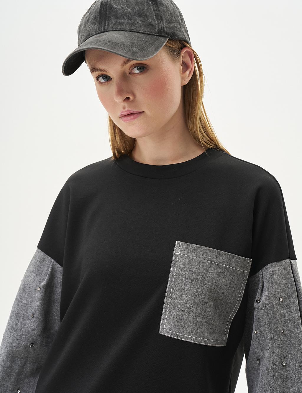 Punto Dikişli Garnili Sweatshirt Siyah
