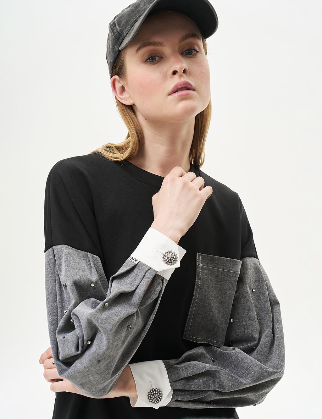 Punto Dikişli Garnili Sweatshirt Siyah