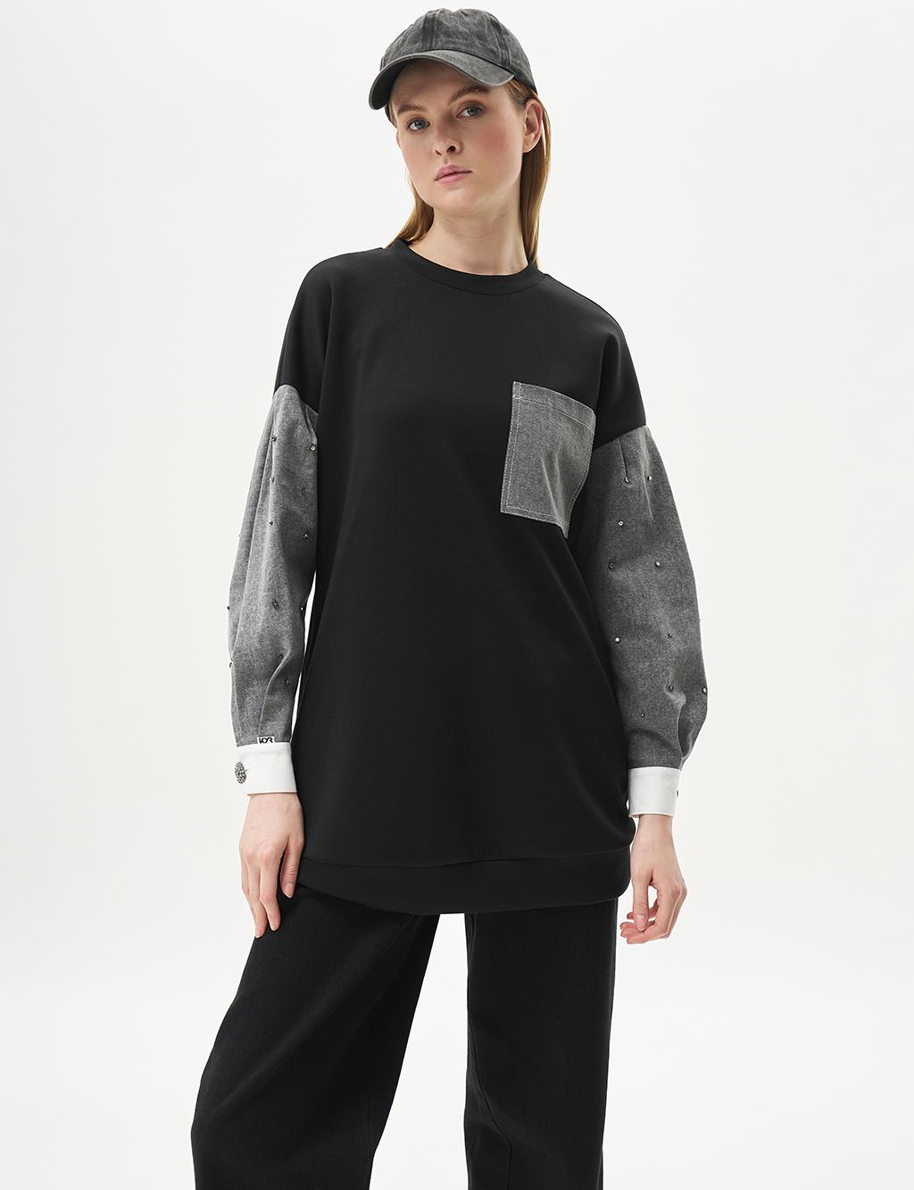Punto Dikişli Garnili Sweatshirt Siyah