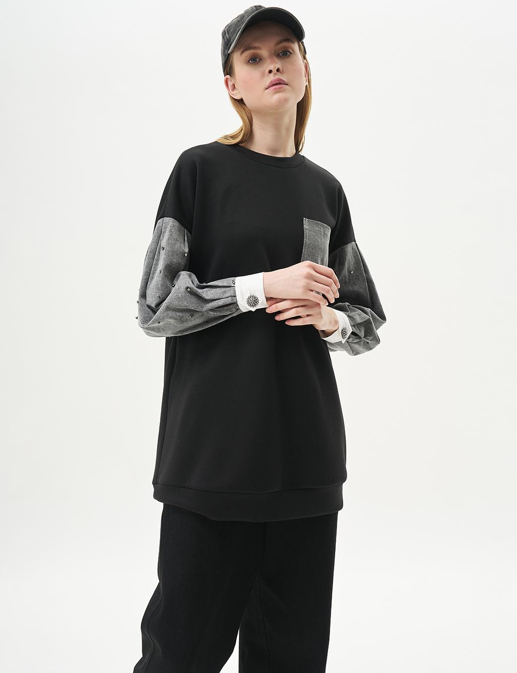Punto Dikişli Garnili Sweatshirt Siyah
