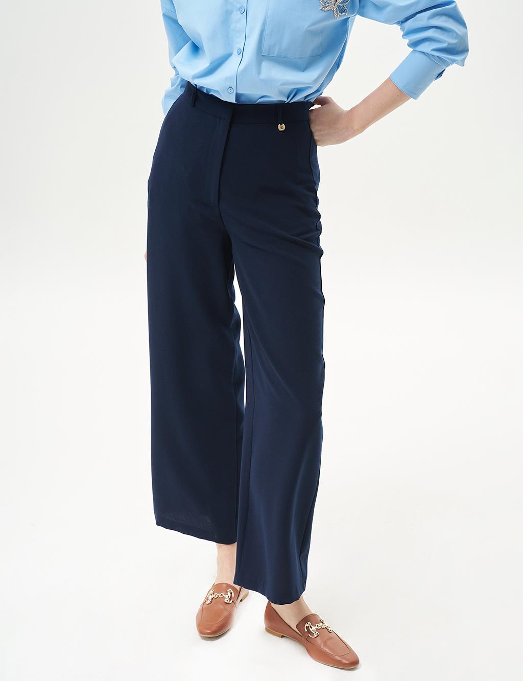 Basic Geniş Paça Krep Pantolon Lacivert 